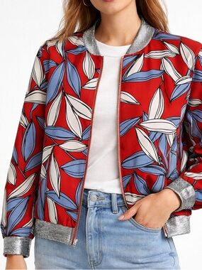 Emma & Ella Paris Red Floral Bomber Jacket Metallic Trim Zip-Up Small